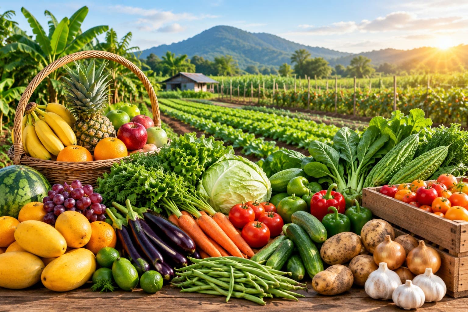 Fresh fruit and vegetables overlooking green farm fields and mountains