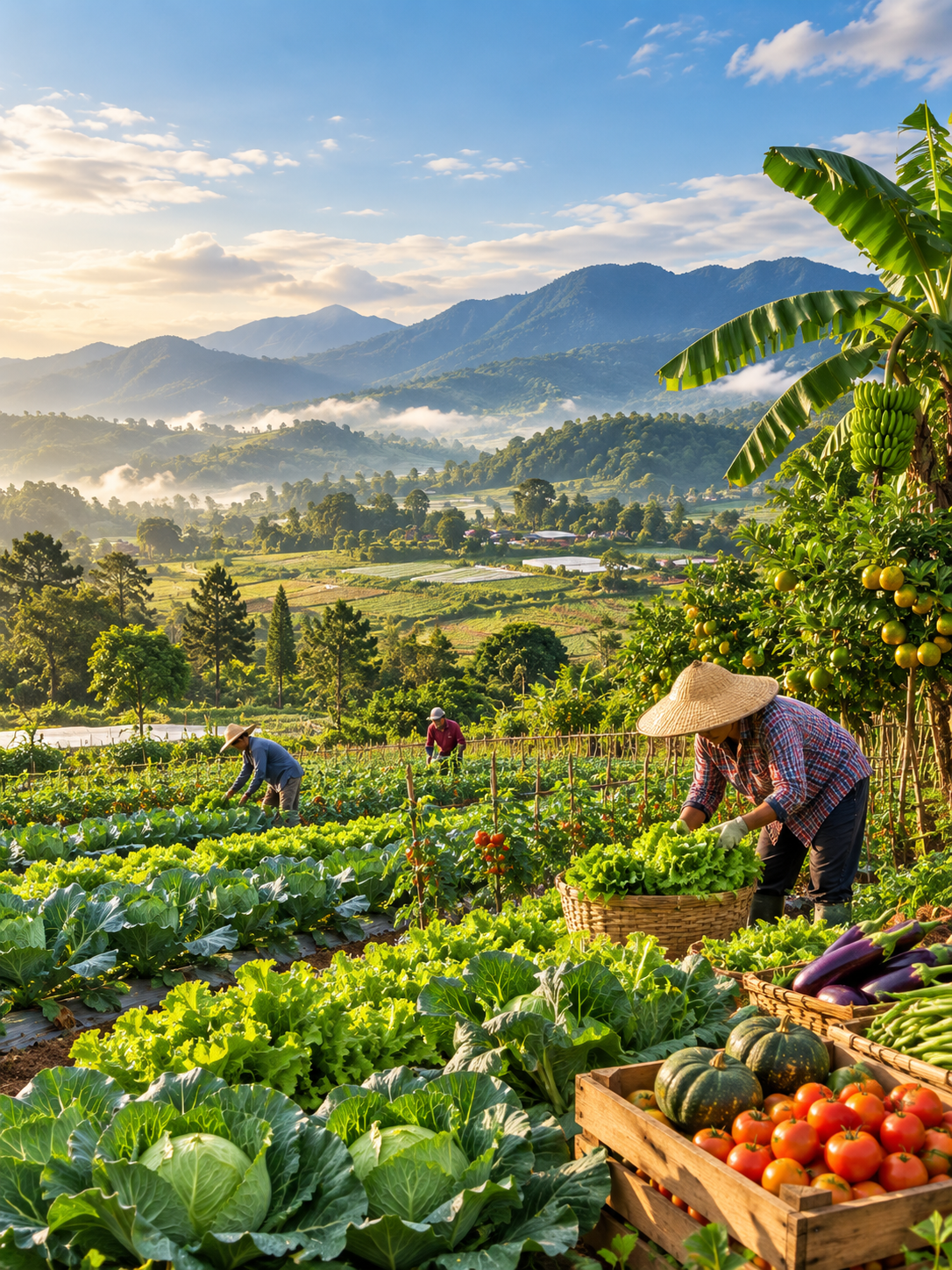 Farmers carrying baskets of freshly harvested cabbage across a highland farm in Atok, Benguet, with terraced vegetable plots and mountains behind